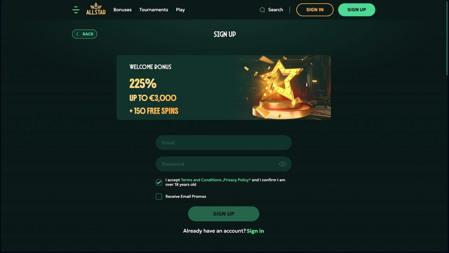 All Star casino adres email i ustaw hasło