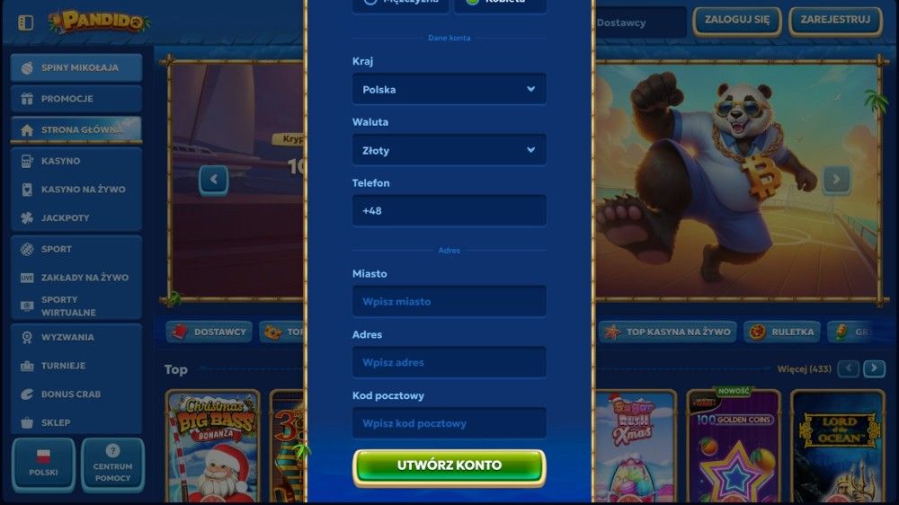 Pandido casino formularz “Utwórz konto”