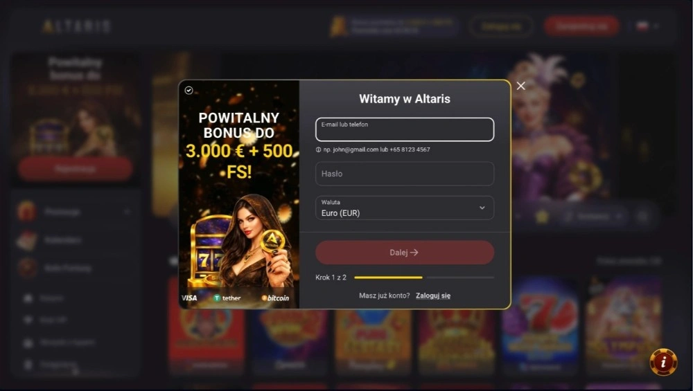 altaris casino rejestracja krok 1