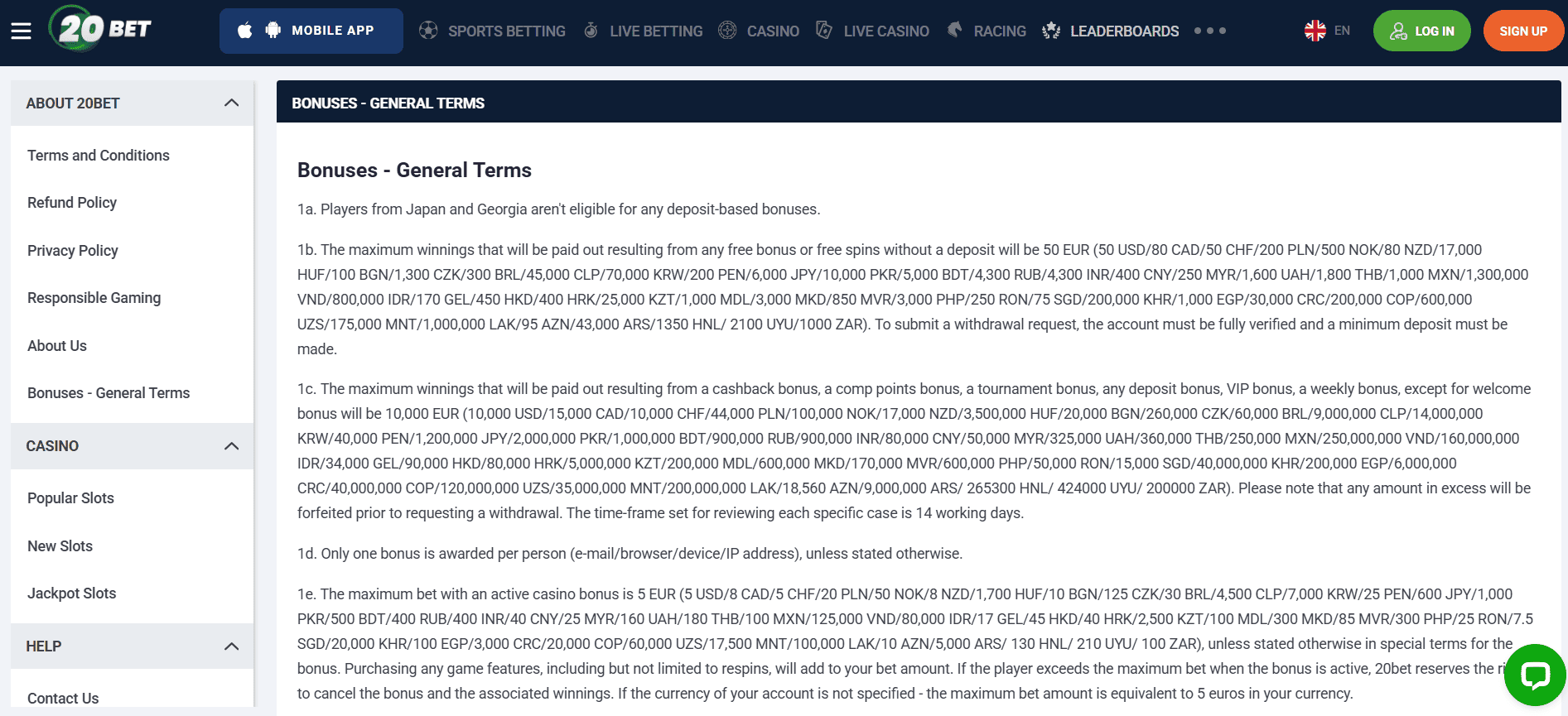 bonuses general terms 20bet