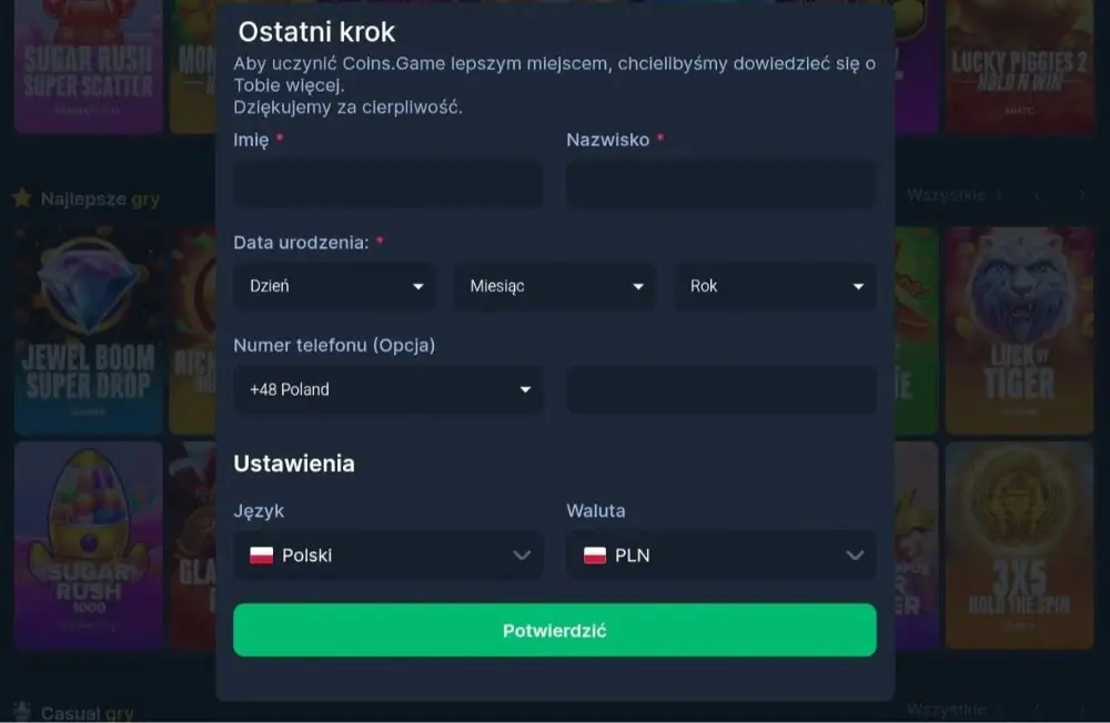 coins game formularz rejestracyjny