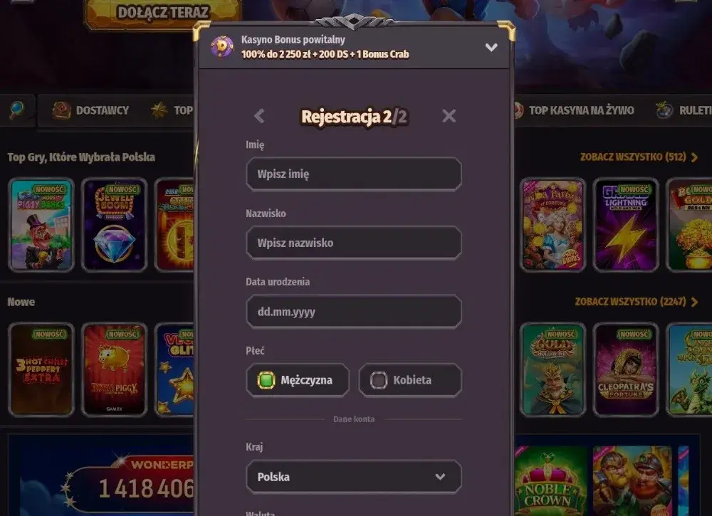 dragonia casino rejestracja krok 2