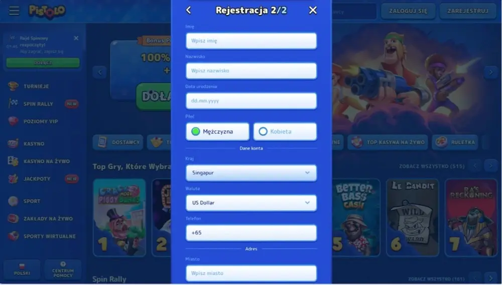 pistolo casino uzupelnij formularz rejestracyjny