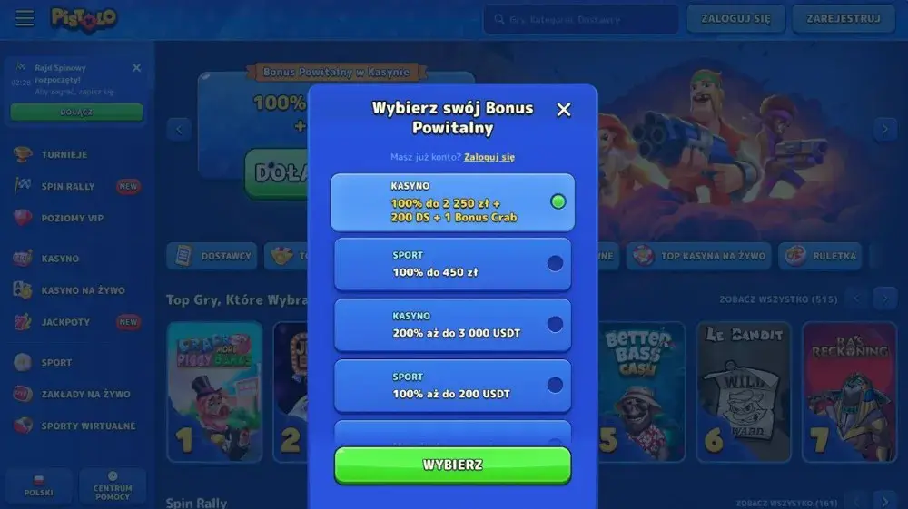 pistolo casino wybrać bonus powitalny