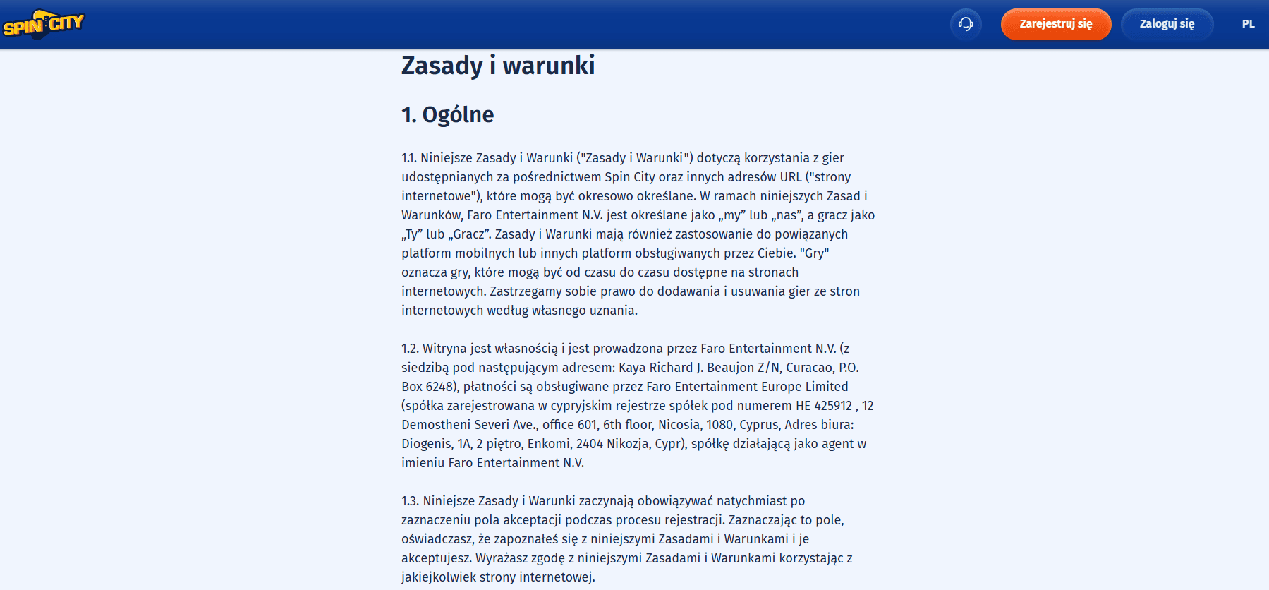 zasady i warunki spin city